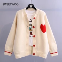 sweet chic love heart pattern long sleeve cardigan coat japan style v neck single breasted sweater elastic knit women tops