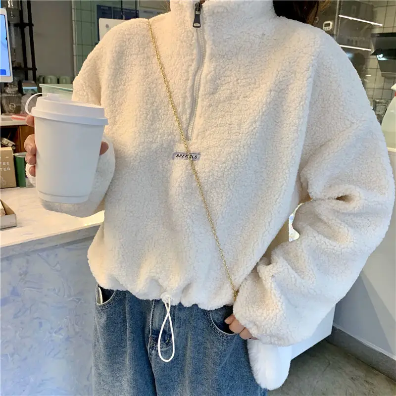 

Women Autumn Hoodies Lamb Velvet Short Hooded Long Sleeve Sweatshirt Winter Female Fashion Loose Plus Velvet Thick Solid Tops
