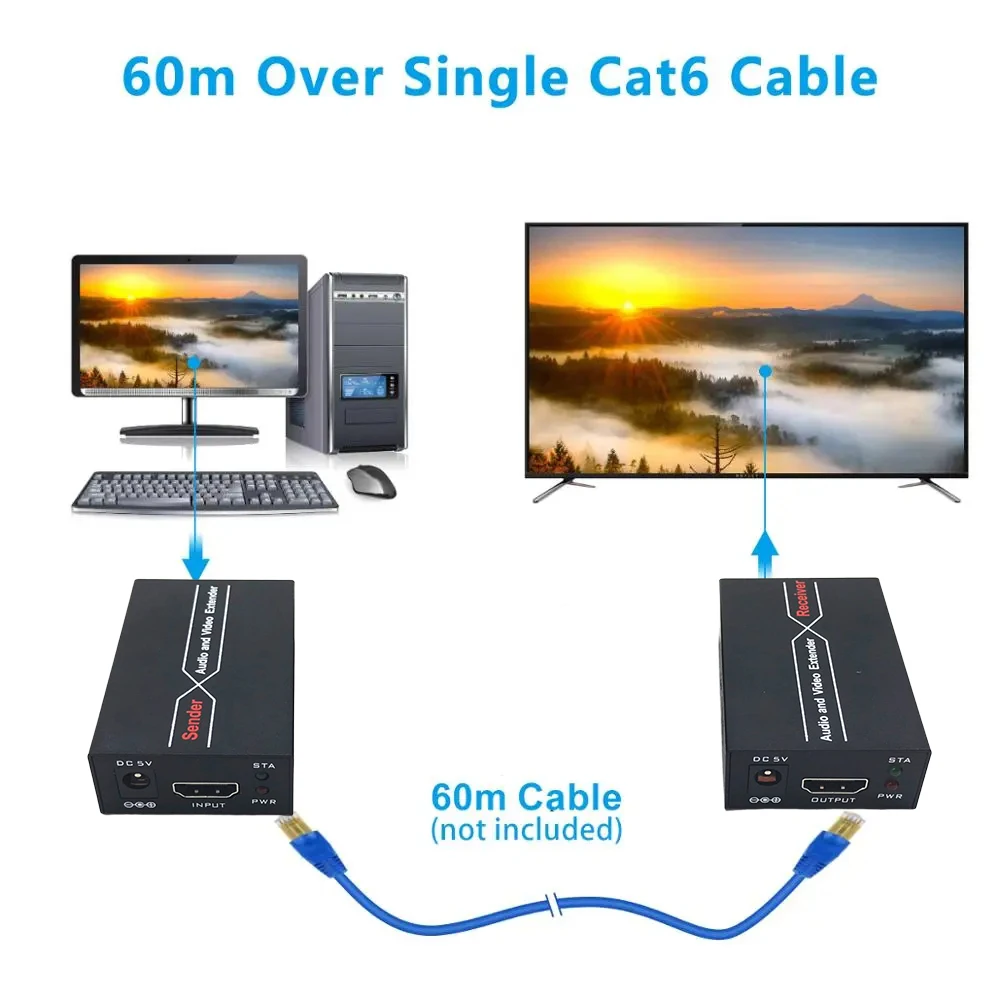 Фото Удлинитель HD 1080P на 60 м, ретранслятор HD через кабели Ethernet Cat 6/Cat 7 с функцией EDIID, передатчик/приемник RJ45, удлинитель HDTV №2