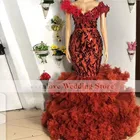 Красное платье-Русалка для выпускного вечера, вечерние платья с бусинами и кристаллами, официальное платье для девушки, тюлевые платья с оборками для вечеринки