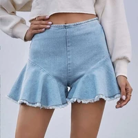 2021 womens high waist ruffle denim shorts casual blue a line flared raw hem short ladies new style zipper frayed short jeans