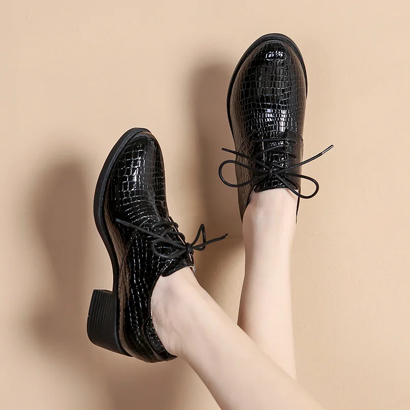 Patent Leather British Leather Shoes Women's Soft Leather Deep Mouth Single Heel Spring and Winter Lacing Shoes