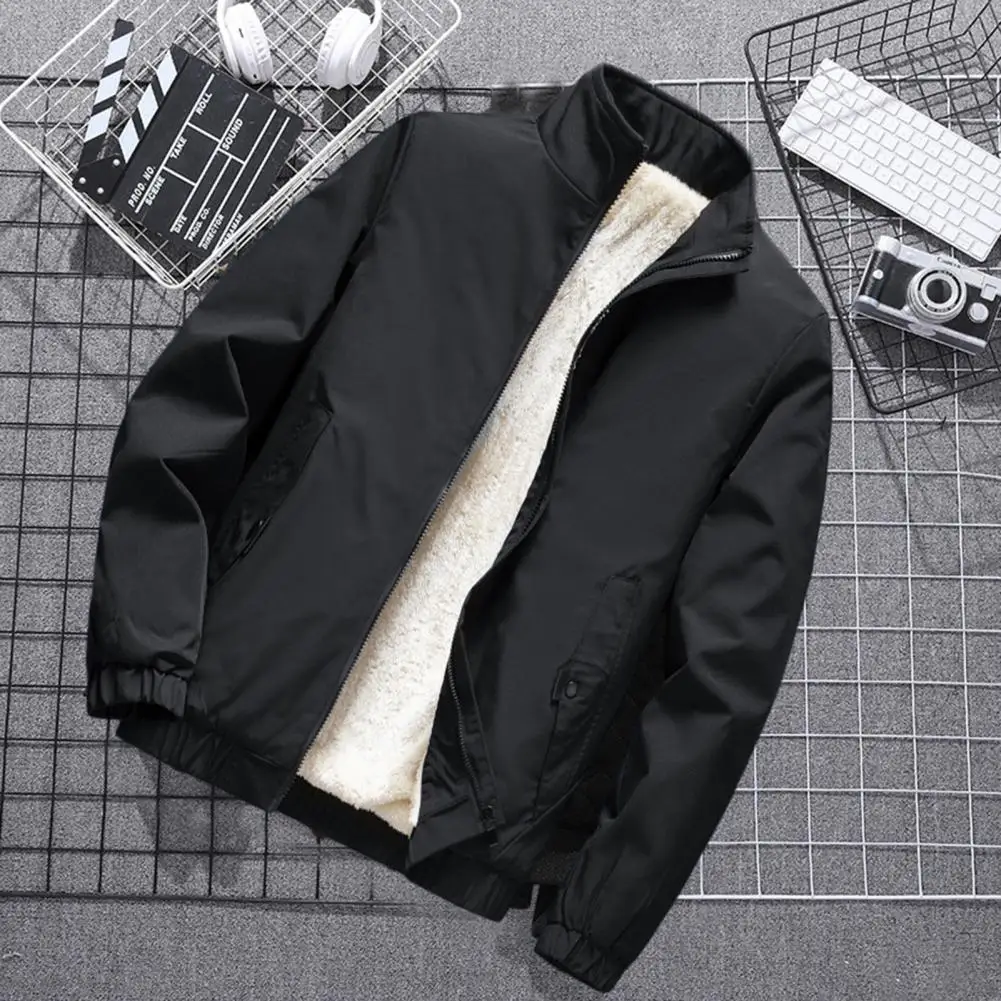 

Stylish Jacket Coat Fleece Lined Coldproof Male Loose Fit Plush Lining Jacket