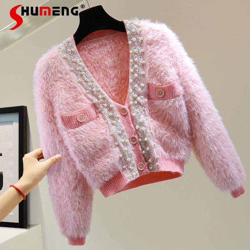 

Female Beaded Sweater 2023 Autumn Winter High Waist Short Sequined Mohair Cardigan Sweaters V-neck Long Sleeve Knitted Jackets
