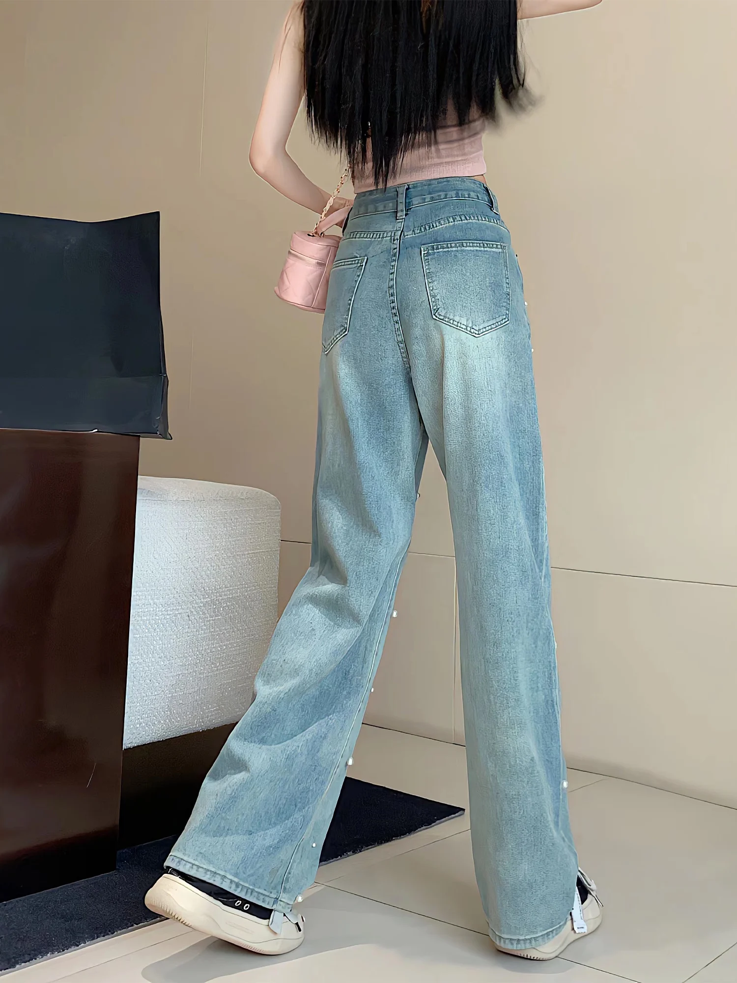 Jeans Women 2023New Design Sense Pearl Loose Casual Jeans Fashion Chic Women'S Long Trousers Retro Washed Wide Leg Mopping Pants