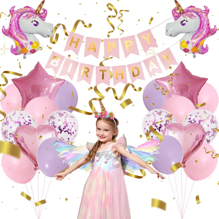 

SURSURPIRSE Unicorn Theme Pink Purple Stars Heart Confetti Balloon Set Paper Banner for Girl Birthday Party Baby Shower Supplies