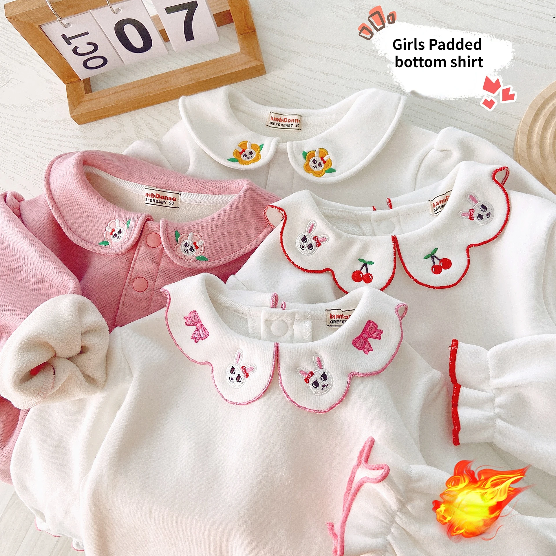 90-130cm Girl Bottoming Shirt Girl Padded Warm Tops Baby T-shirts Kids Clothes Girls Cherry Embroidery Pattern Lapel Neck Top