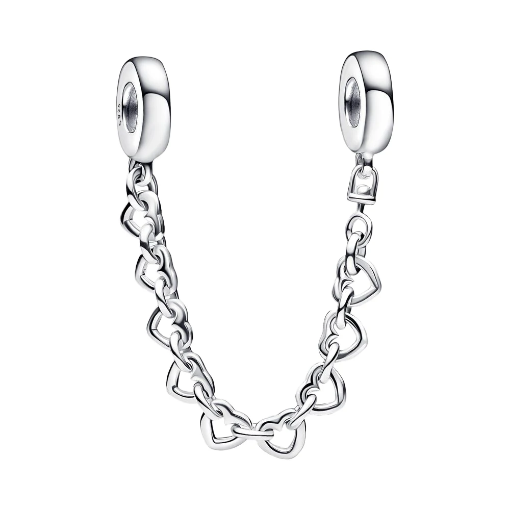 

New 925 Silver Linked Hearts Safety Chain Charm Bead Fit Pandora Original Bracelets Fashion DIY Woman Jewelry Making