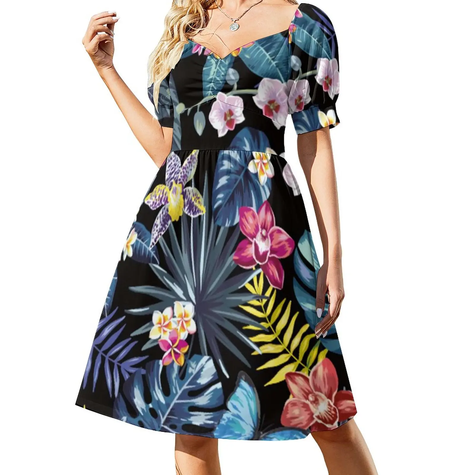 

Женское платье с принтом пальмовых листьев, Повседневное платье большого размера с V-образным вырезом и цветочным принтом в стиле джунглей