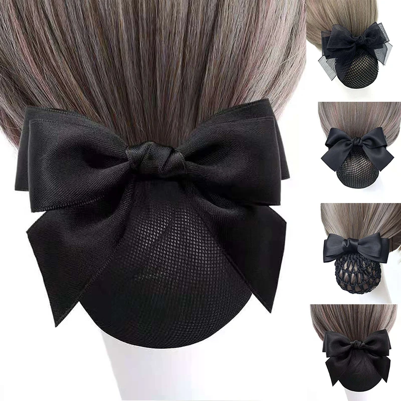 

2022 Summer Net Yarn Bow Hair Net Flight Attendant Ribbon Hair Clip Professional Head Flower Women Hair Bun Cover Snood Net 1 Pc