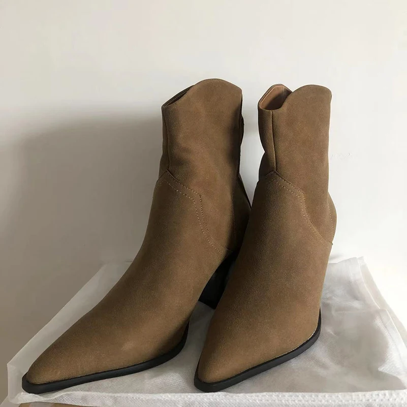 Women Ankle Boots Low-tube Brown Pointed Toe Suede Western Cowboy Style Fashion Punk Shoes Brown Color Women High Heels