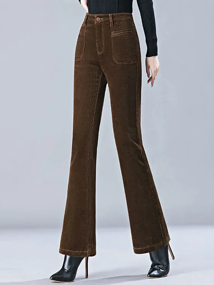 Осенне-зимние теплые облегающие вельветовые расклешенные брюки женские