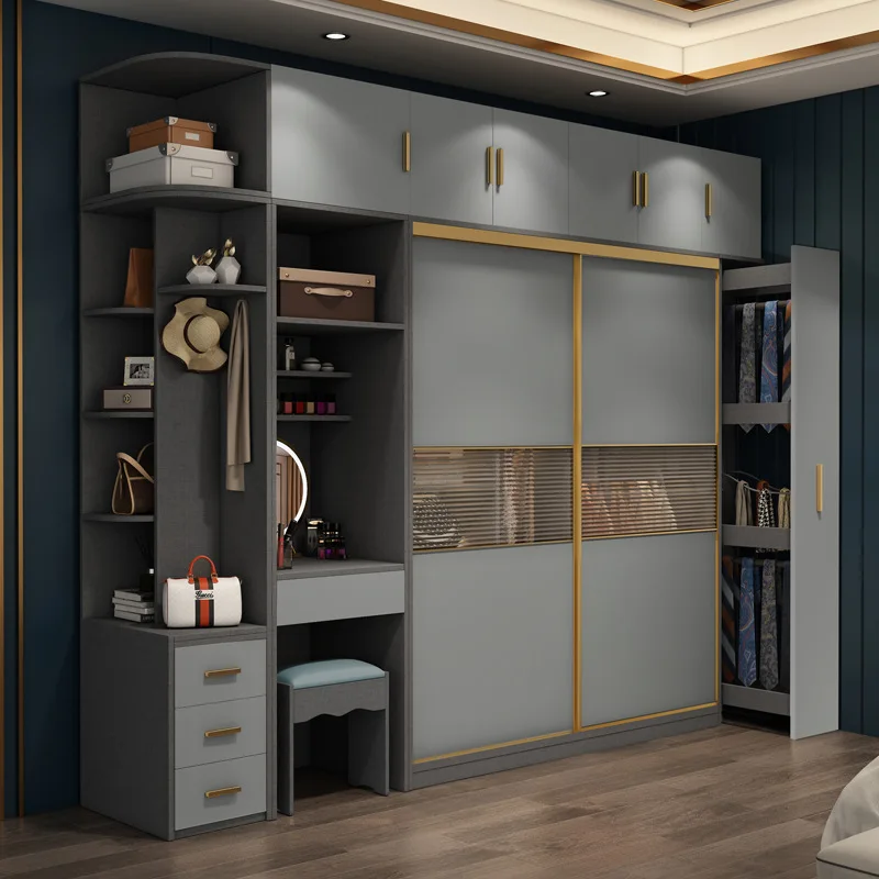

Light Luxury Sliding Door Solid Wood Wardrobe Home Bedroom with Dressing Table Side Cabinet