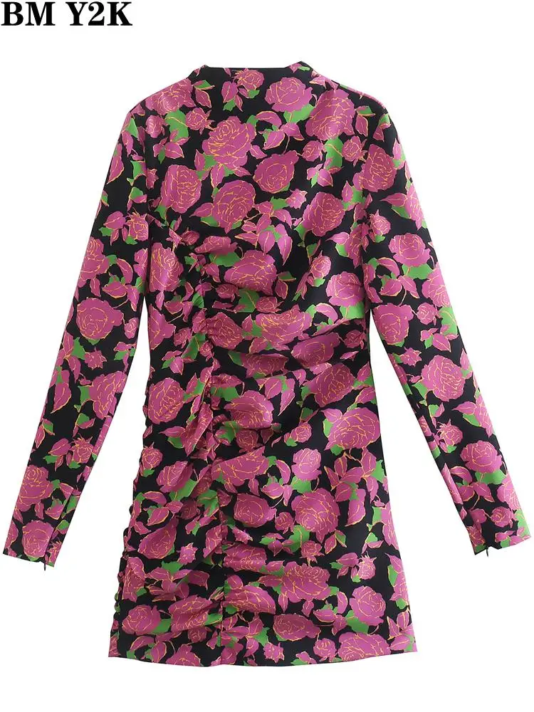 

BM Y2K robe sexy femme fashion french floral print draped mini dress vintage long sleeve female dresses vestidos mujer