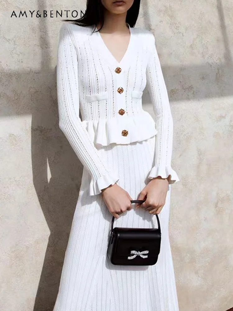 Осенний Новый элегантный трикотажный топ с расклешенными рукавами и юбка-годе