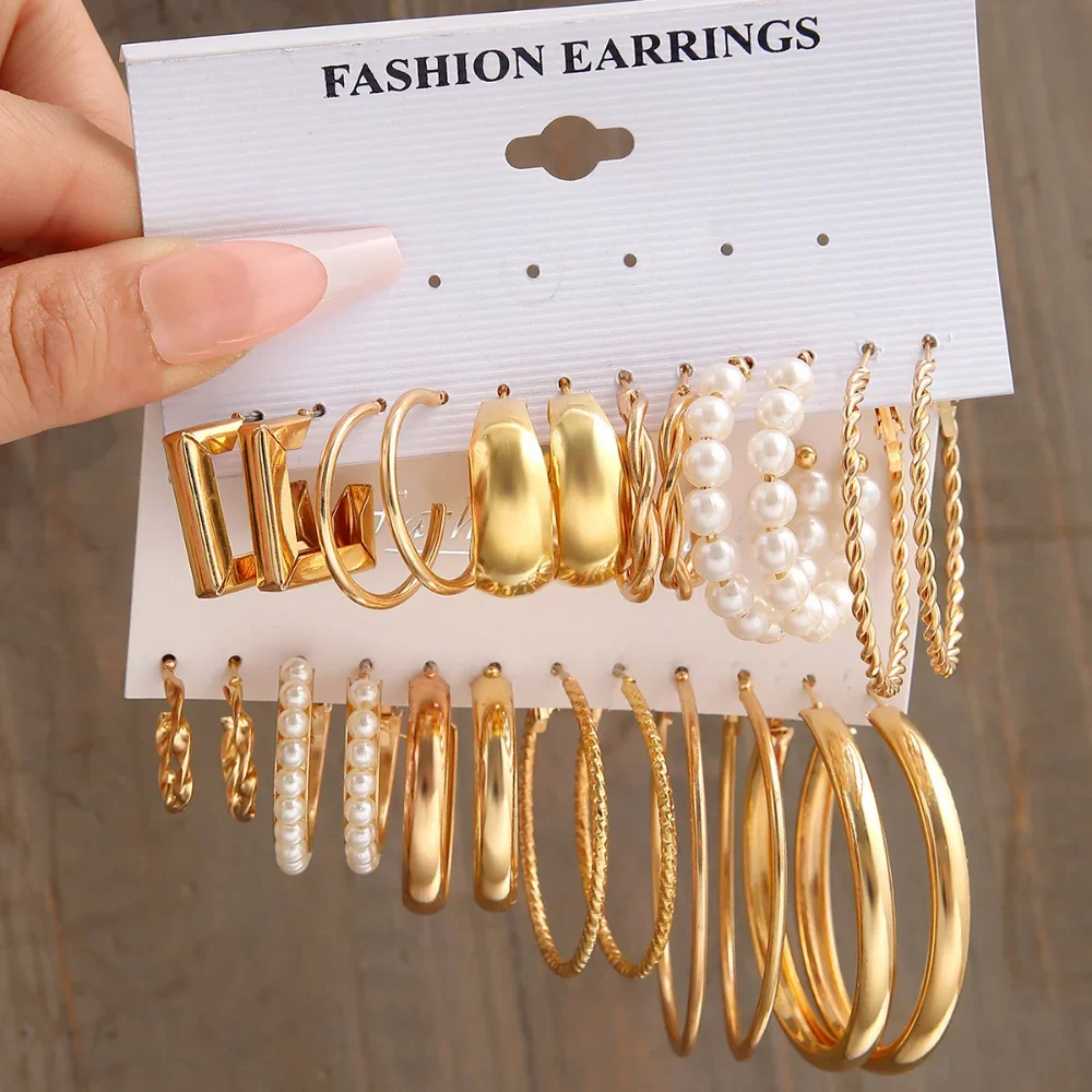 

6Pairs Imitation Pearl Hoop Earrings Set Metal Dangle Earring Vintage Circle Geometric Twist for Women Girls Trendy Jewelry Gift