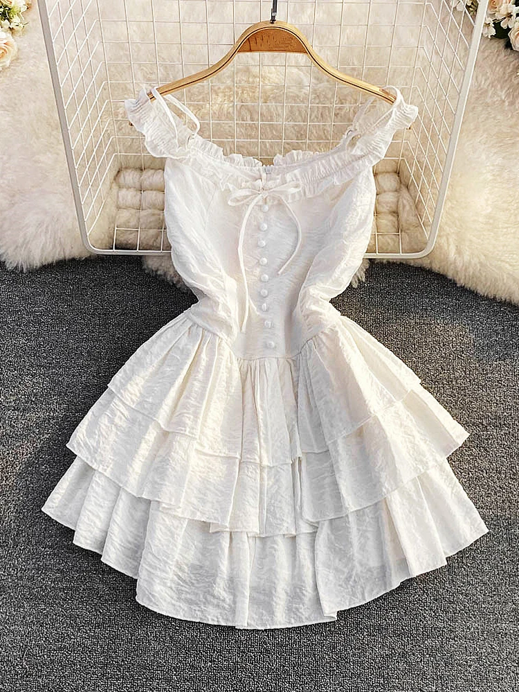 

YuooMuoo летнее платье 2022 Ретро готическое женское белое Пышное мини-платье пикантное с открытыми плечами без рукавов приталенное корейское пл...