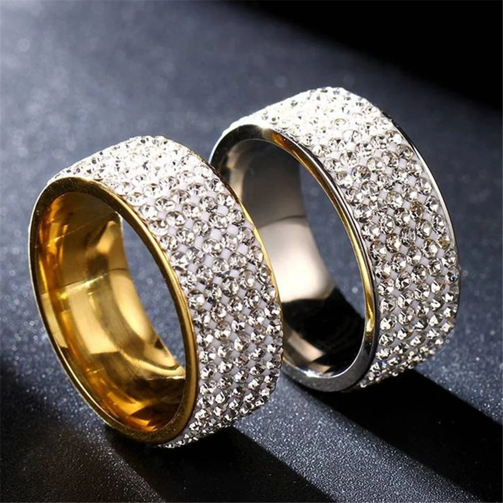 

Hip Hop Iced Out Bling Ring Male Gold Color Stainless Steel 5 Rows Cubic Zirconia Wedding Engagement Rings For Women Men Jewelry