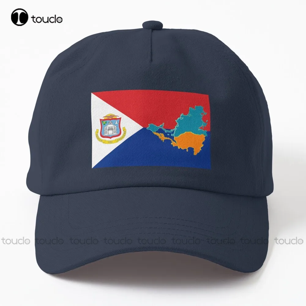 

Sint Maarten Flag with Map of St Saint Martin and Sint Maarten Dad Hat womens baseball cap Hunting Camping Hiking Fishing Caps
