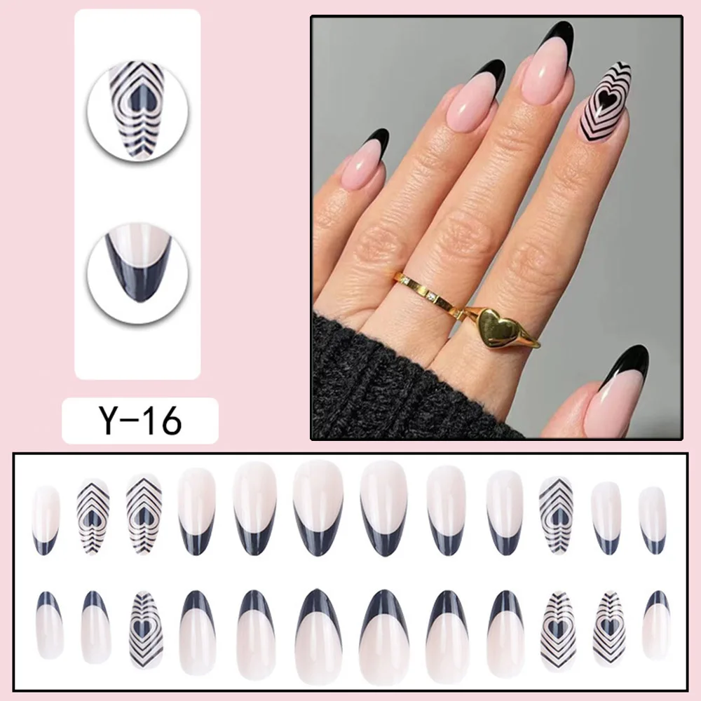 

Новые 24 шт Длинные накладные ногти французский стиль с черной отделкой Каплевидная форма ногтей в форме сердца легко носить ABS Маникюр