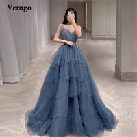 verngo sparkly dusty blue beads long prom dresses spaghetti straps tiered skirt women luxury evening gowns pageant formal dress