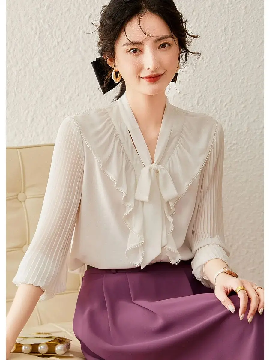Женская рубашка LOUIS YAO осень 2023 элегантная плиссированная шифоновая кружевная с