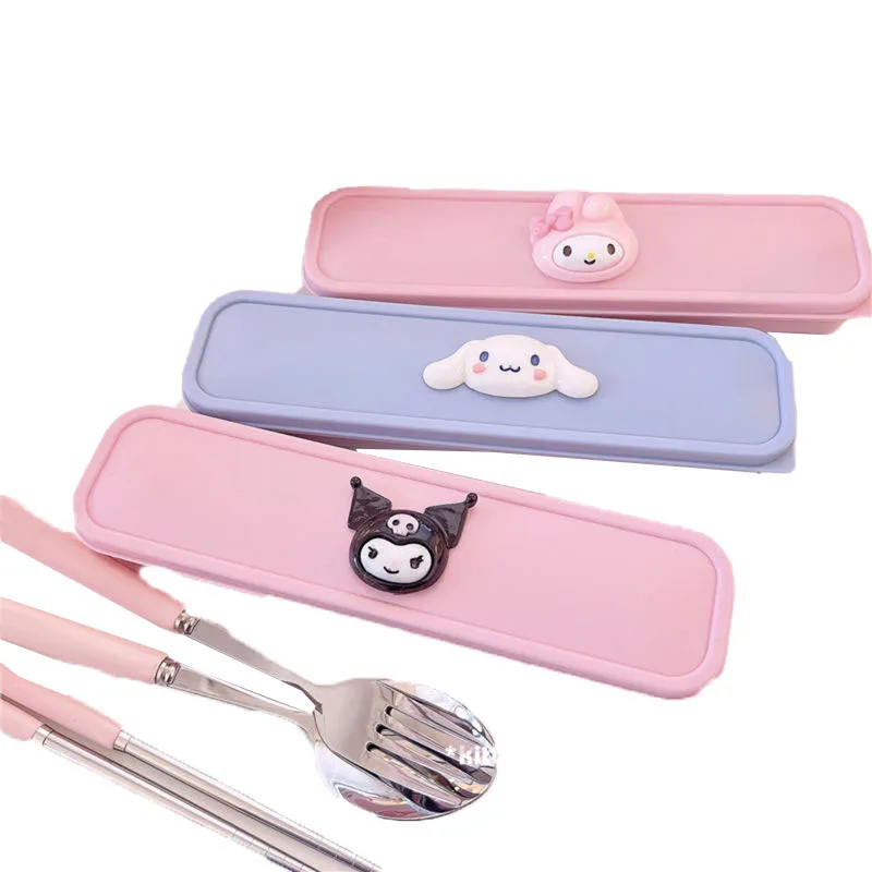 Милая аниме Sanrio Kuromi Cinnamoroll My Melody Милая портативная посуда палочки для еды вилки набор из трех предметов детские игрушки подарки