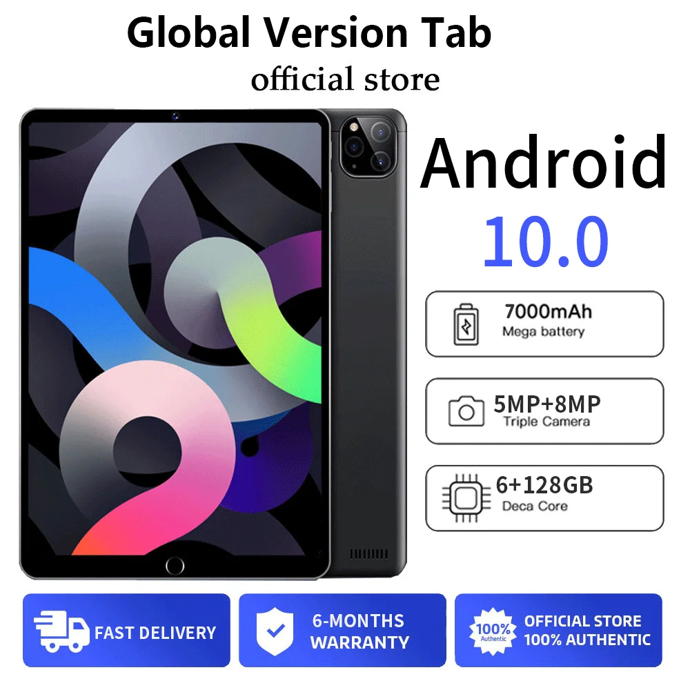 Global Version Original Tablet 2023 Genuine 10.1-inch HD Full-screen 6GB+128GB Memory 5MP+8MP Camera Android 10.0 Tablets