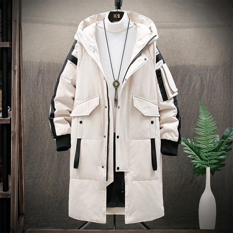 

Теплая Толстая мужская куртка на белом утином пуху, зимние пуховики с капюшоном, новая мужская Повседневная Длинная парка, пальто для улицы с несколькими карманами