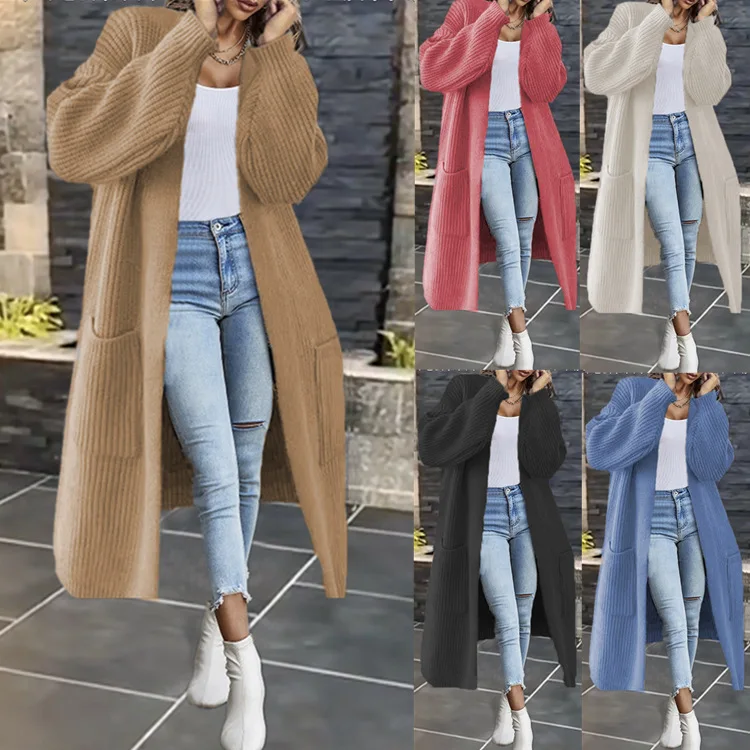 

Autumn and winter long cardigan solid color knitted women's loose sweater women