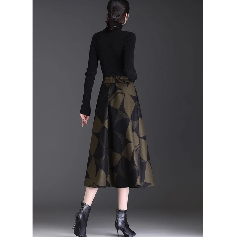 Женская шерстяная тканевая юбка трапециевидной формы с принтом