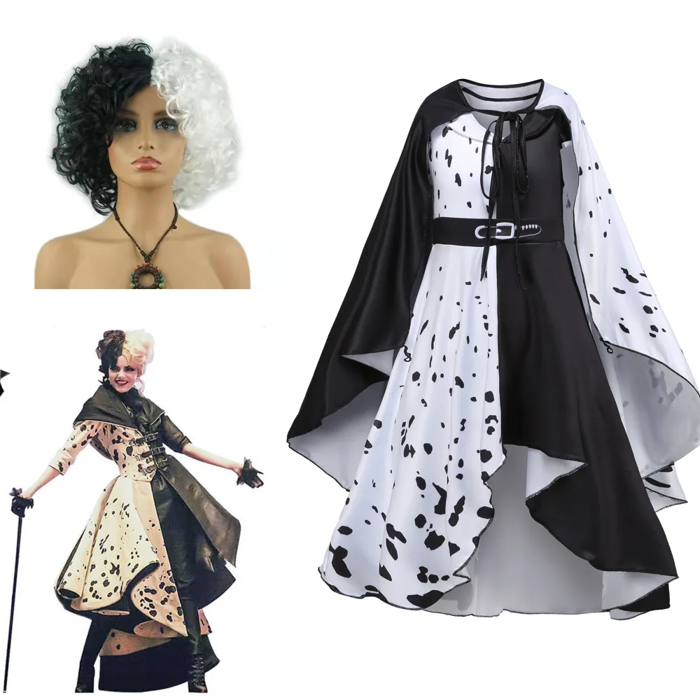 

Halloween Cruella De Vil Cosplay Costume Black White Polka Dot Gown Maid Dress Masquerade Party Dress Set Halloween for Women