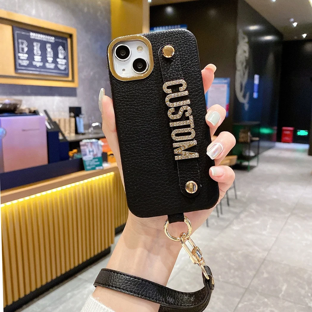 Personalise Name Strap PU Lychee Leather Phone Case For iPhone 11 12 13 14 Pro Max Plus Lanyard Diamond Metal Letter Cover