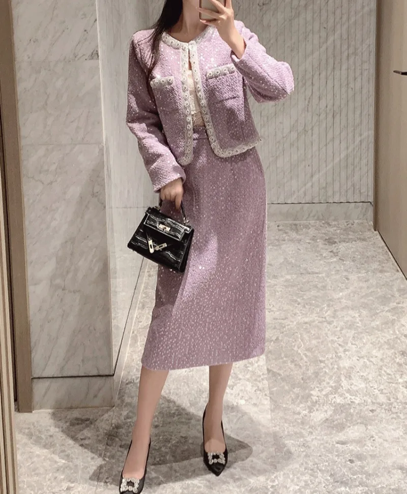 Новые элегантные твидовые комплекты из двух предметов женские фиолетовые