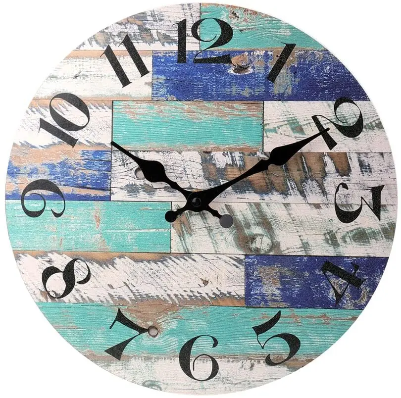 

10 Inch Blue Wall Clock Silent Non-Ticking Vintage Rustic Country Tuscan Style Wooden Coastal Decor Round Wall Clock