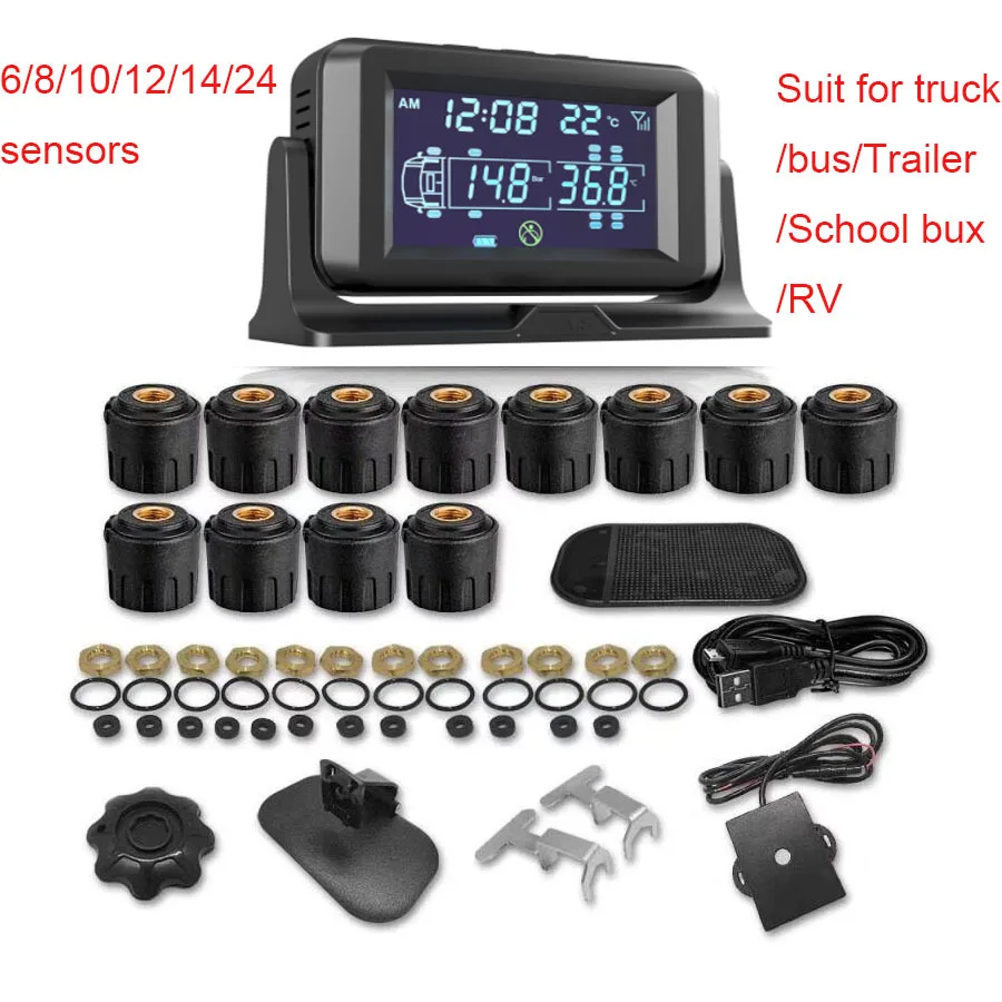 

12 sensors Truck Tire Pressure Monitoring System Solar TPMS External Tire Pressure Real Time Truck Car Alarm Monitor