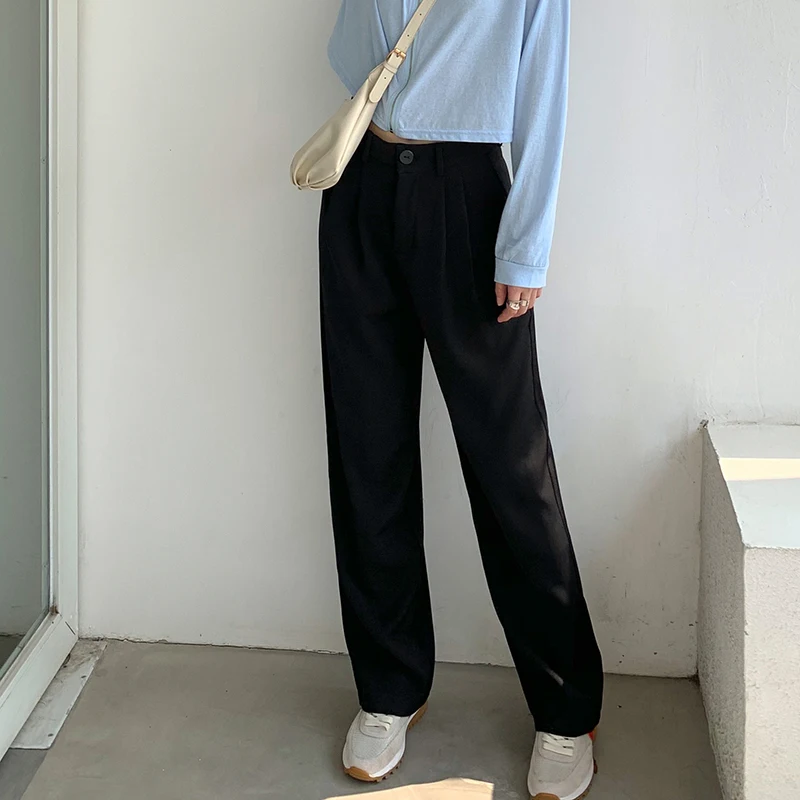 

Spring Summer Women's Pants Fashion Casual High Waist Solid Color Korean Office Black Straight Leg Trousers 2023 New