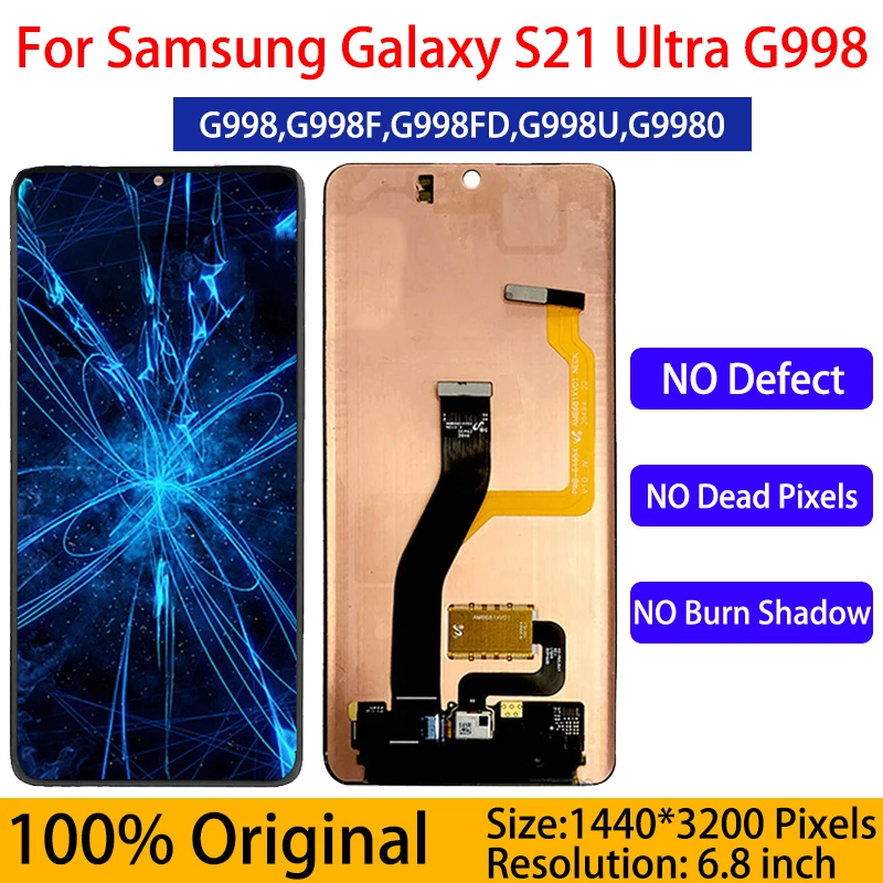 

100% Original SUPER AMOLED LCD for SAMSUNG Galaxy S21 Ultra G9980 G998F G998 Display Touch Screen Digitizer Assembly S21Ultra