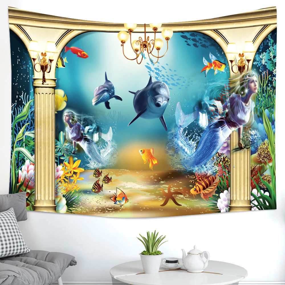 Подводный гобелен с изображением животных мира настенное украшение в стиле бохо