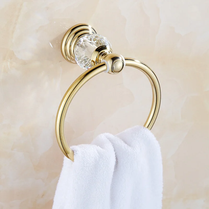 

European Style Luxury Crystal Towel Ring Brass Gold Wall Mounted Towel Holder Hanger Home Bathroom Decorative Accessories