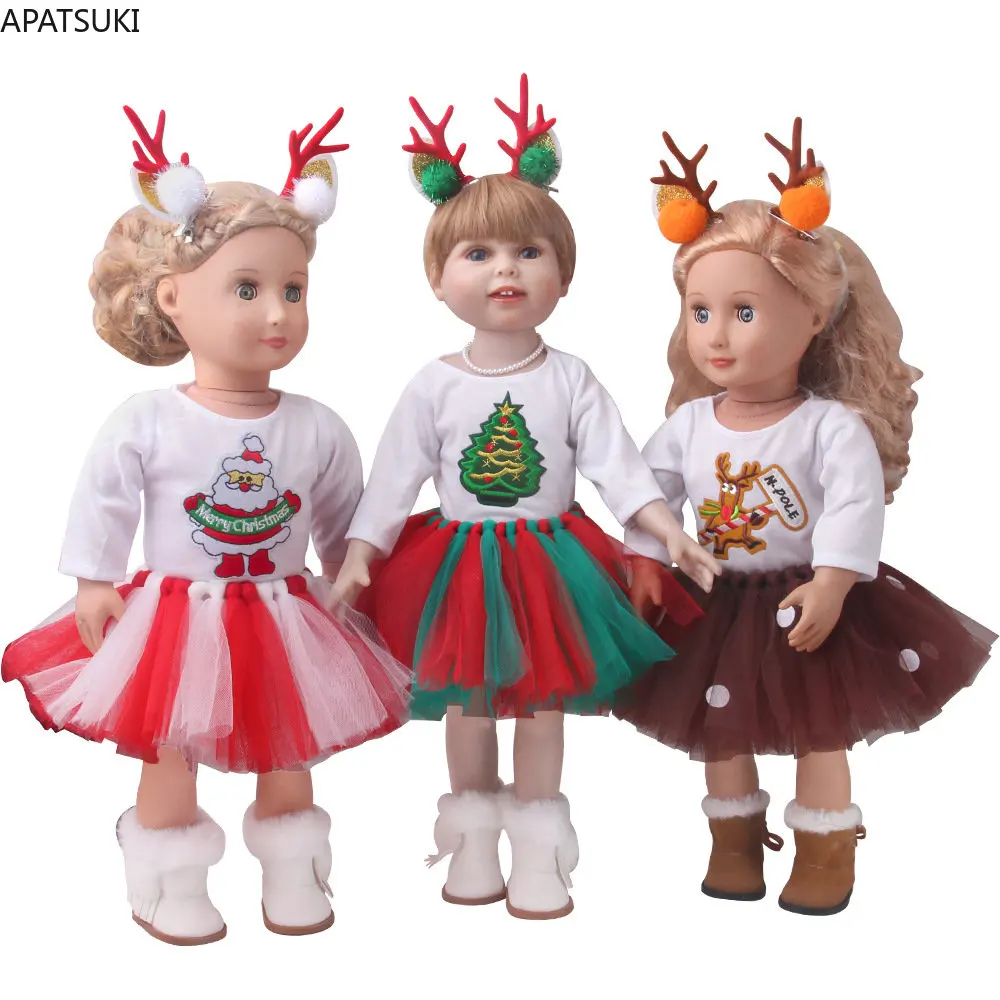 

Merry Christmas Fashion Doll Clothes For 18" American Doll Outfits T-shirt Tutu Skirt Elk Hairpin 1/4 Girl Dolls Accessories