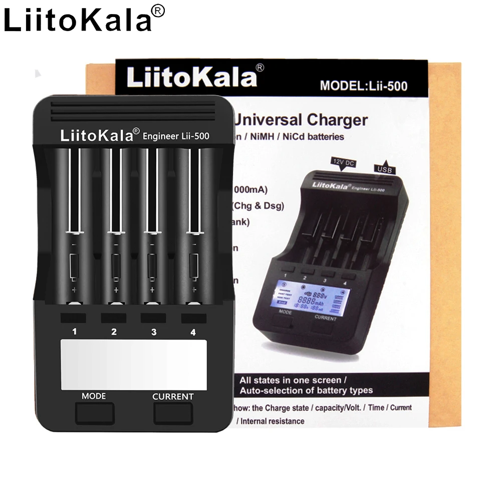 

Liitokala lii-500 LCD 3.7V/1.2V AA/AAA 18650/26650/16340/14500/10440/18500 Battery Charger with screen+12V2A adapte+output 5V1A
