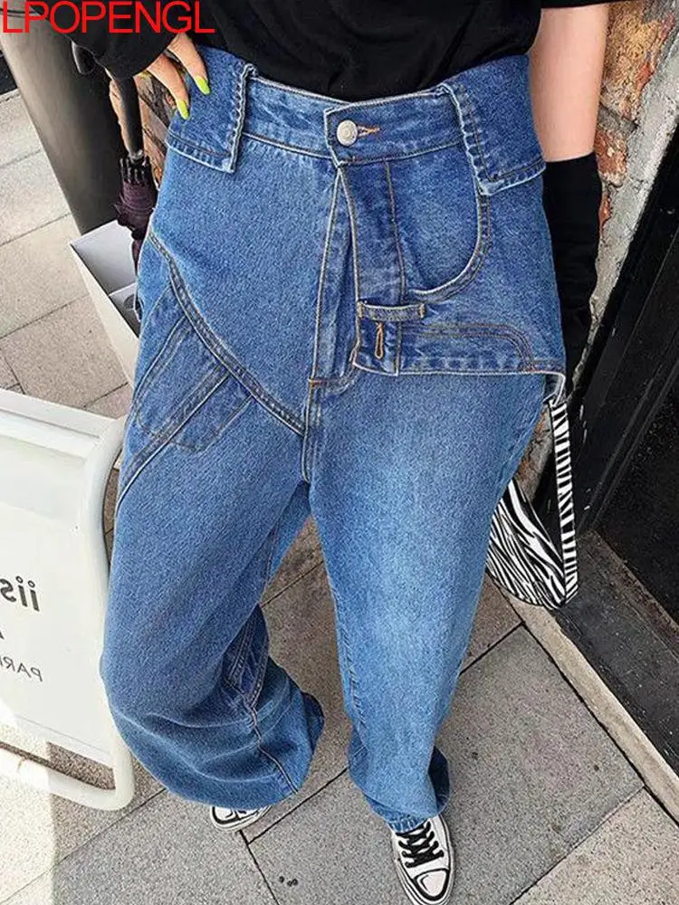 Blue Irregular High-waist Straight-leg Cotton Jeans Loose Retro High-quality Mopping Women Trousers Harajuku Two-piece Suit 2021