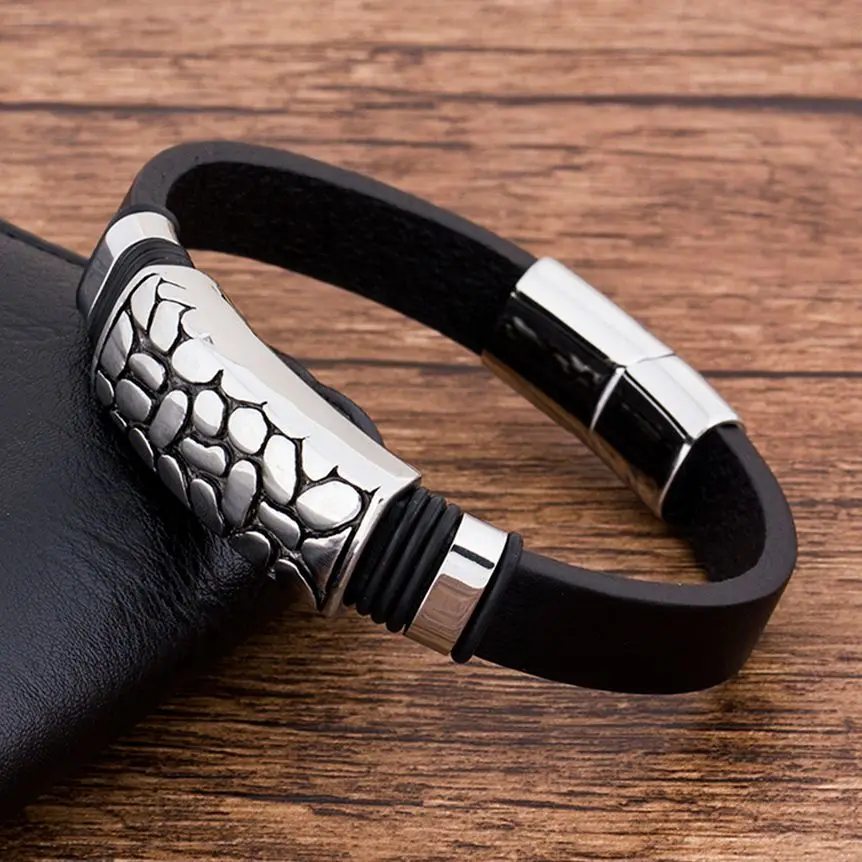 

TYO Fashion Charm Stainless Steel Magnet Black Leather Men's Bracelet Jewelry Geometric Punk Gift For boyfriend