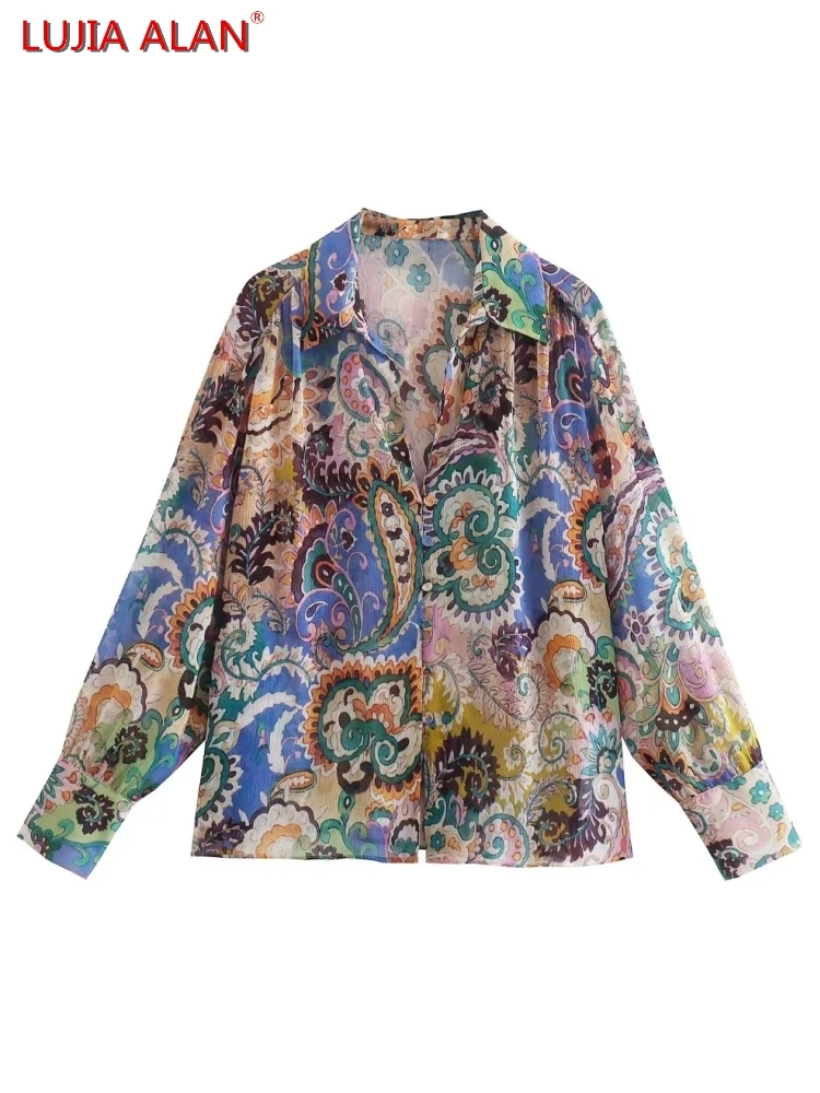 

Женская винтажная шифоновая рубашка с принтом пейсли, летняя женская рубашка с отложным воротником и длинным рукавом, женские блузы, LUJIA ALAN ...