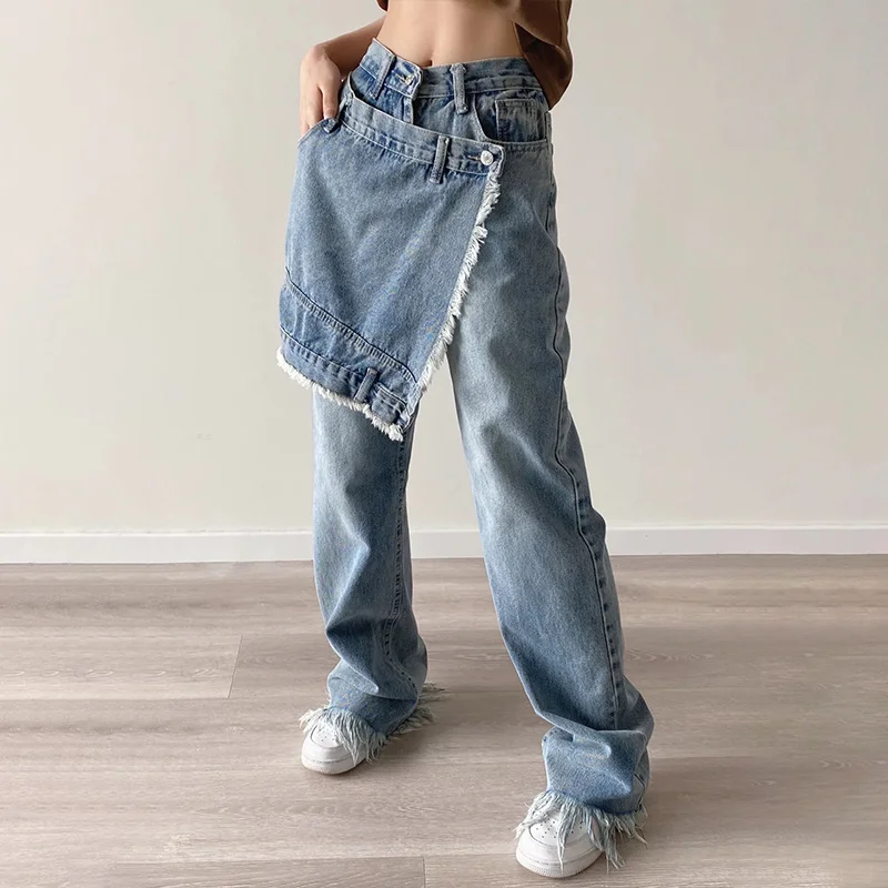 Bmissingyou Harajuku Washed Jeans Special Pocket Full Length Raw Edge Straight Pants High Waist Streetwear Women Cool Trousers