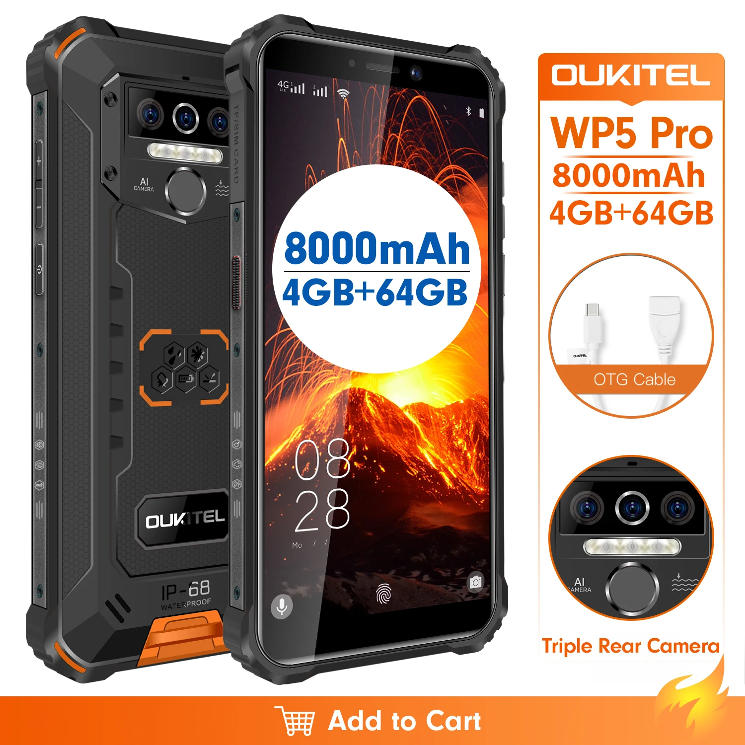 OUKITEL WP5 Pro 4GB RAM +64GB ROM 8000mAh IP68 Waterproof Smartphone Android 10 13MP Triple Camera  5.5 inches 4G Mobile Phone