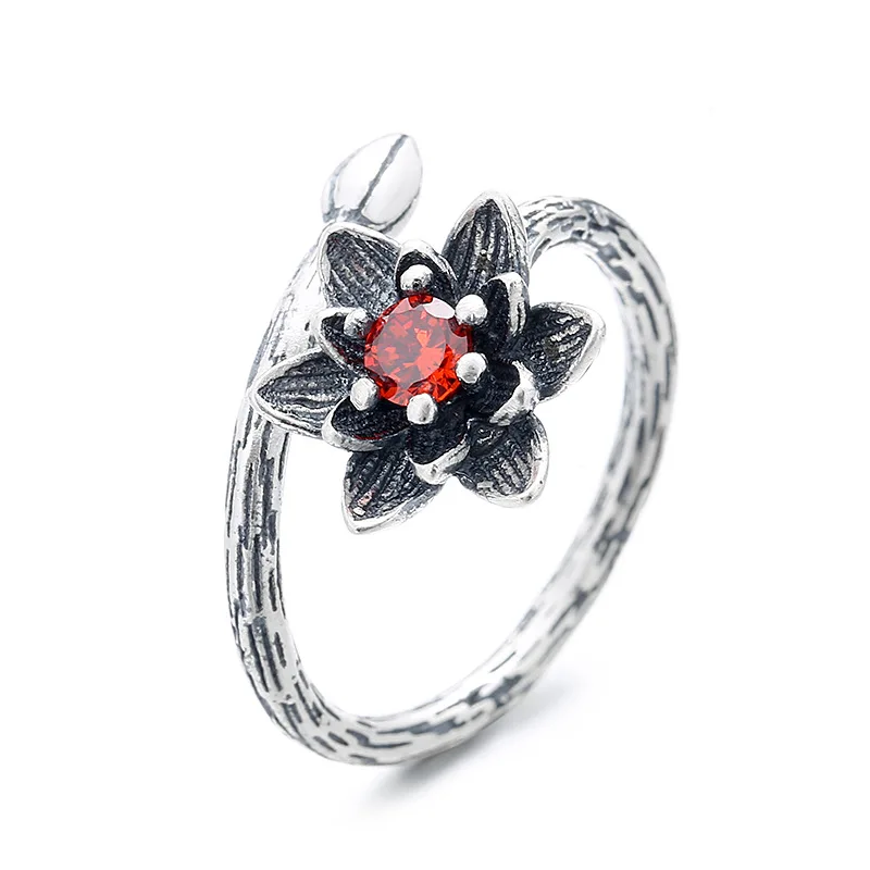 

S925 Sterling Silver Vintage Matte Tree Texture Creative Ring Guard Red Zircon Flower Personality Open Ring