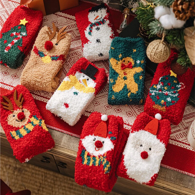 

Christmas Socks For Women Not Shedding Hair Coral Velvet Medium Length Stockings Thickened Warmth Cartoon Floor Socks