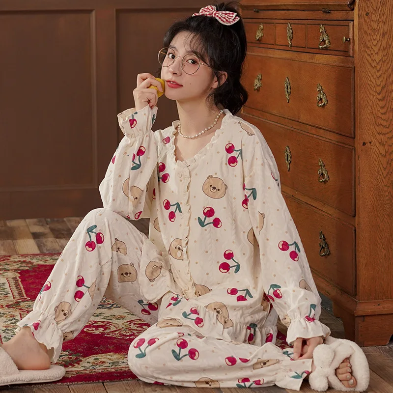 

Autumn Women Pajamas Set Long Sleeve Sleepwear Sweet Princess Style Nightgown 2 Pieces Cotton Homewear Soft Elegant Female Suits